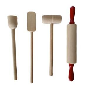 Child's toy wooden kitchen tools, four (4) pcs.